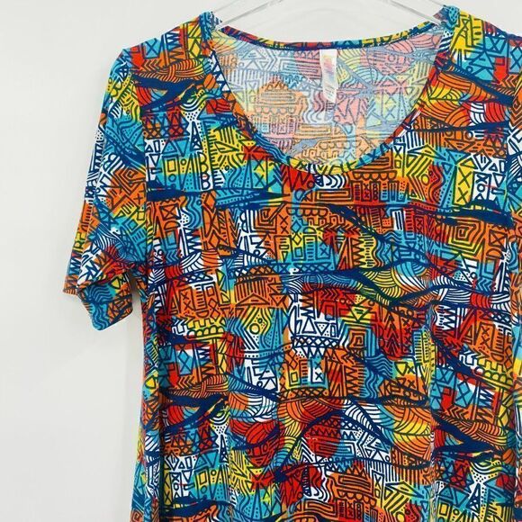 Lularoe Size XS Blue & Orange Geometric Print Short Sleeve Perfect Tee Flowy - Picture 4 of 8